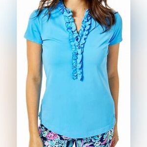 Lilly Pulitzer Frida Ruffle Short Sleeve Polo Top in cornflower blue size large.